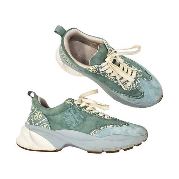 Tory Burch T Monogram Good Luck Trainer Suede Sneakers Blue Celadon Size US 9 - Picture 1 of 10